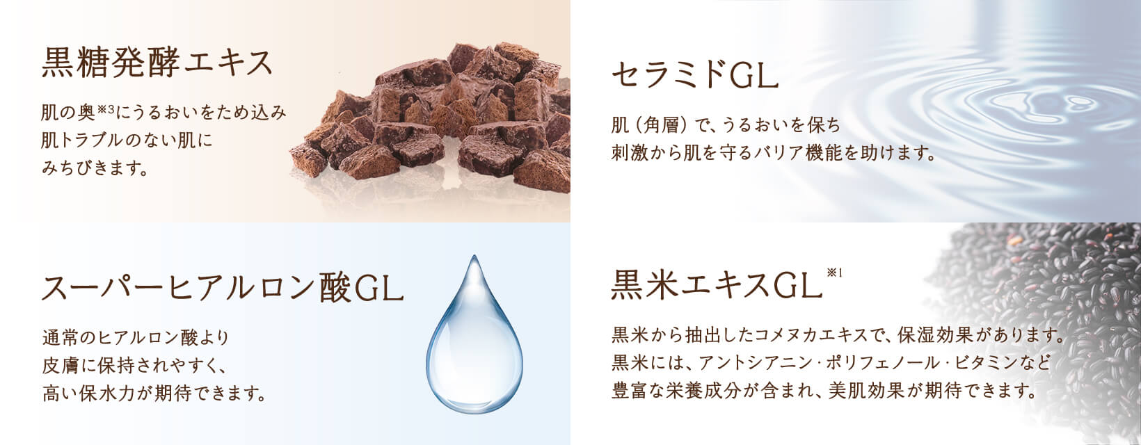 黒糖発酵エキス / セラミドGL / スーパーヒアルロン酸GL / 黒米エキスGL※1